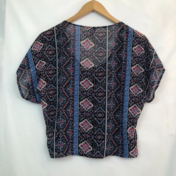 FOREVER 21 Black Pink Boho Geo Print Tile Print Boho Sheer Crop Top JUNIORS - Picture 5 of 5